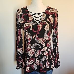 White House Black Market Black and Burgundy Paisley Blouse